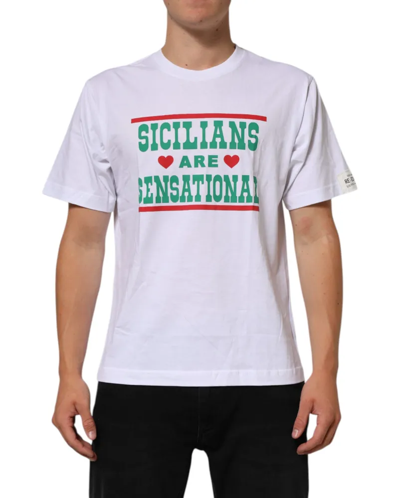 Dolce & Gabbana Men's White Graphic Print Cotton Crew Neck T-Shirt White