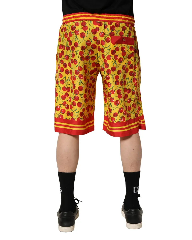 Dolce & Gabbana Men's Yellow Red Cherry Print Silk Bermuda Shorts Yellow