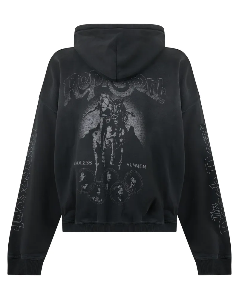 REPRESENT Men's Hooded Zip Sweatshirt Stained Black Cotton Jumpers Sweater Black