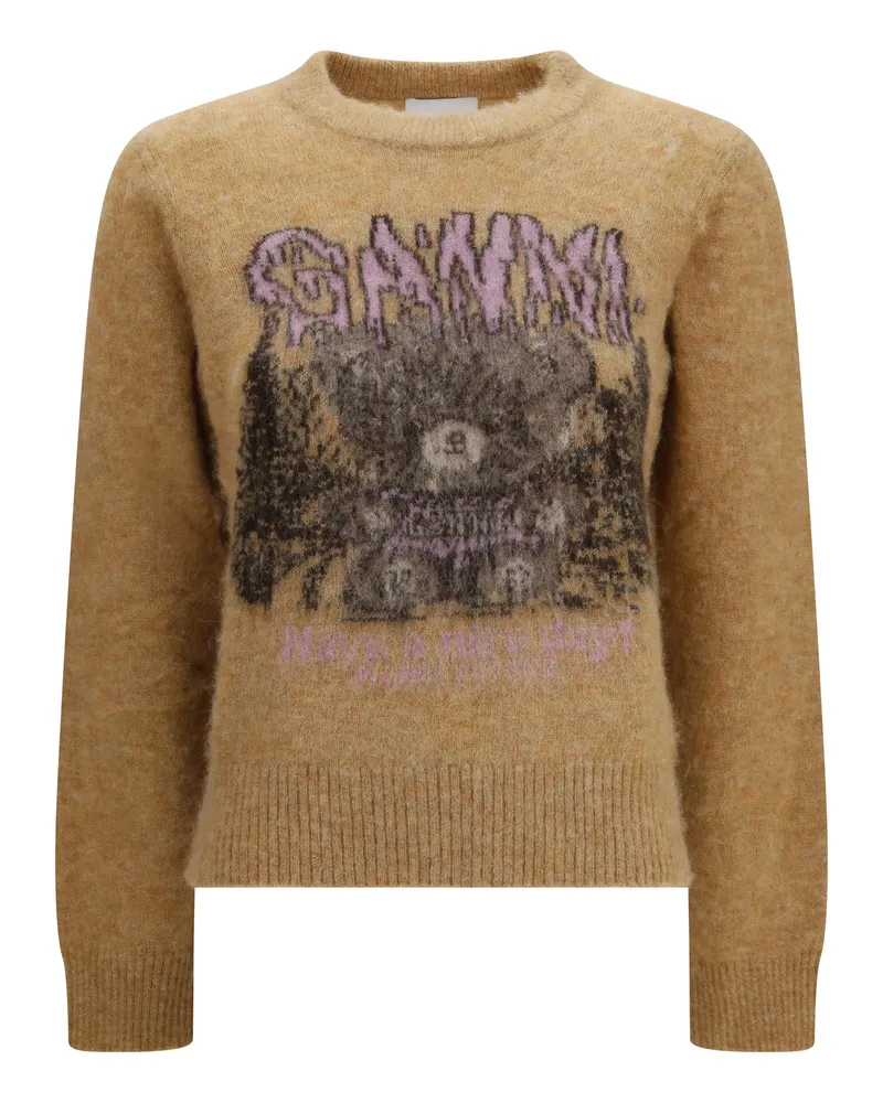 Ganni Teddy Bear Graphic Brushed Alpaca Sweater — Beige Beige