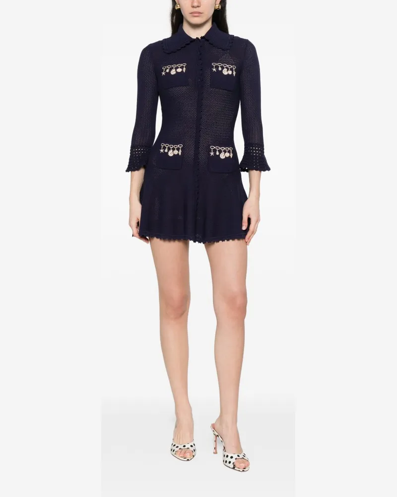Self-Portrait Charm-Embellished Pointelle Knit Dress — Navy Navy