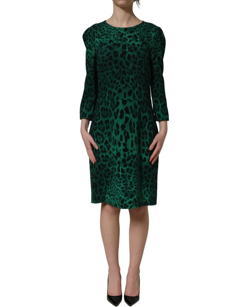 Dolce & Gabbana Women's Green Leopard Print Silk Knee Length Dress Elastane Green