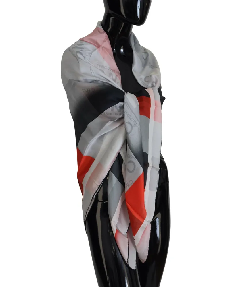 CoSTUME NATIONAL Women's Gray Red Shawl Foulard Wrap Scarf Patterned Silk Gray