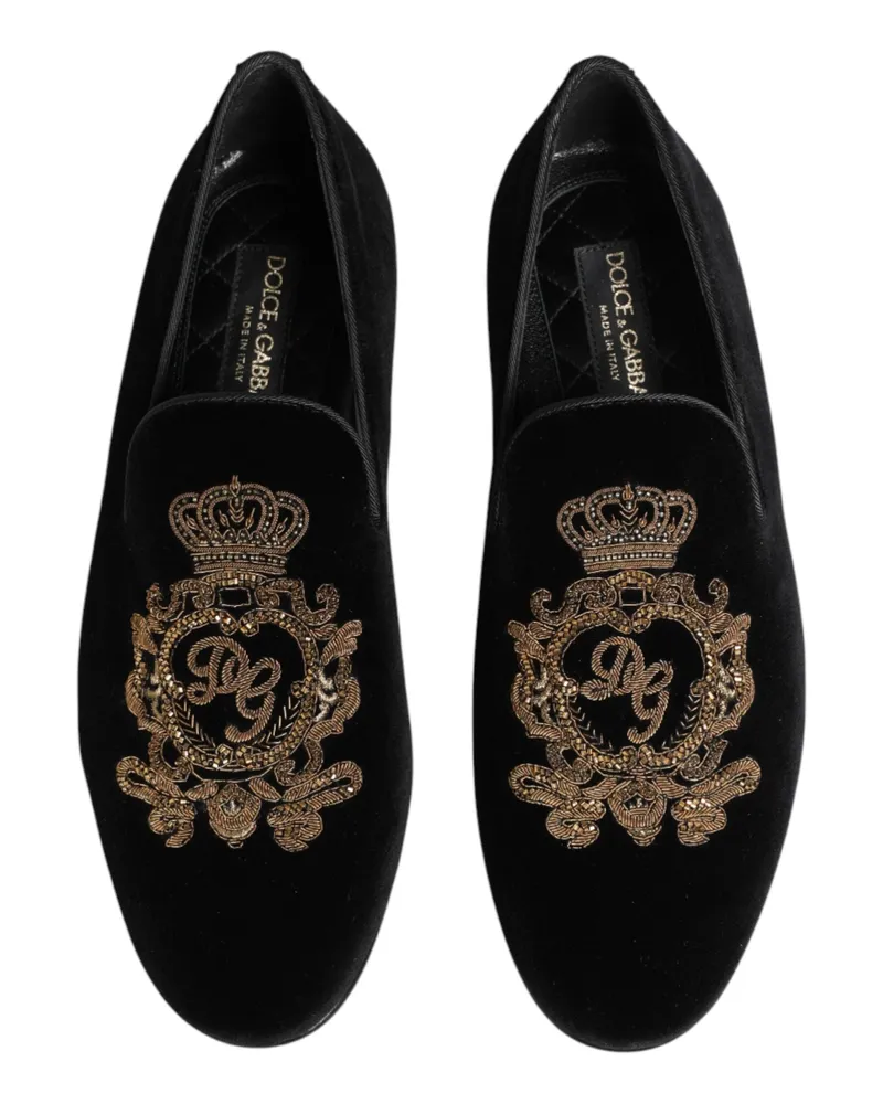 Dolce & Gabbana Black Velvet Gold Crown Mens Loafers Shoes Black