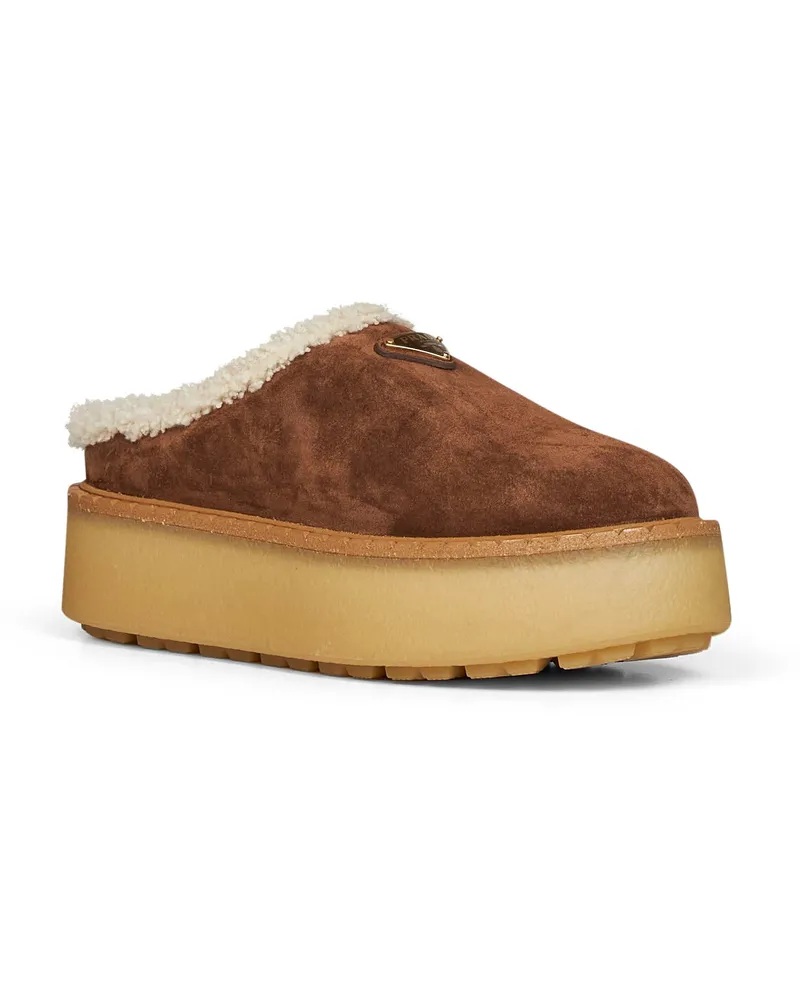 Prada Women's Slippers Suede Cocoa Brown Calf Leather Mules Sandal Brown