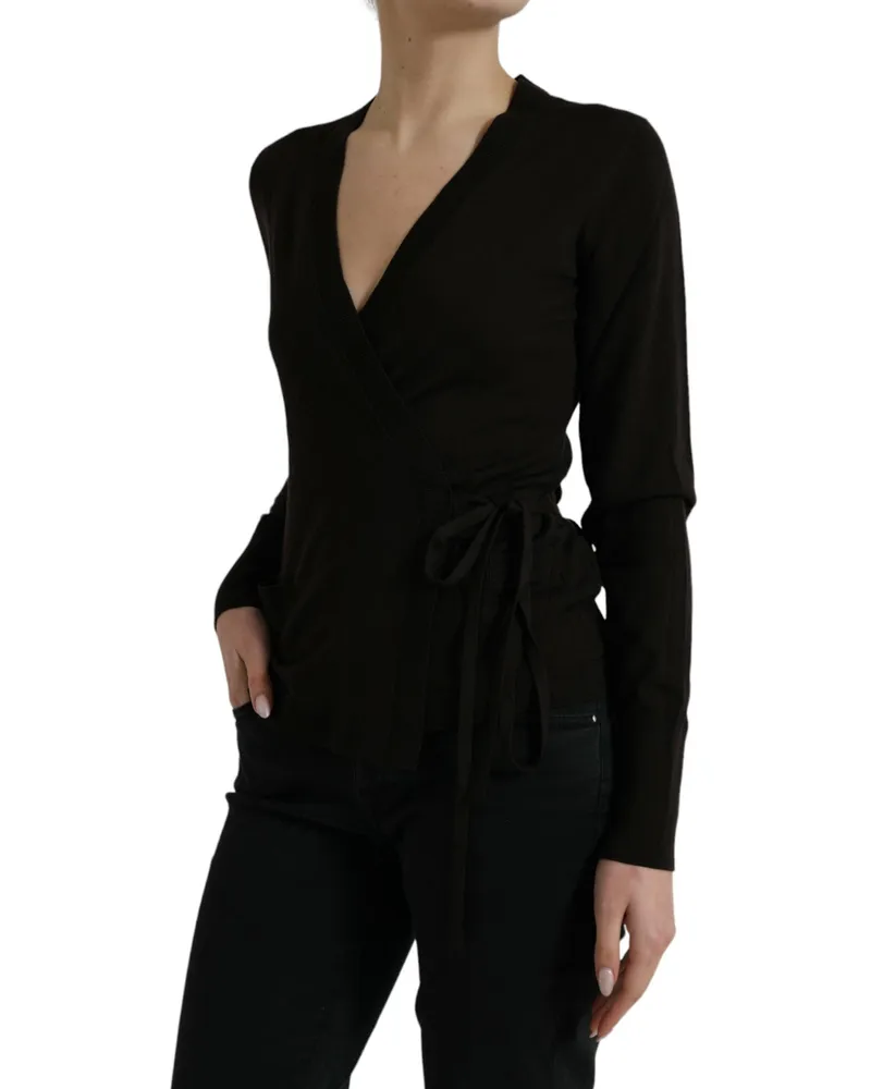 Dolce & Gabbana Women's Black Wool V-Neck Crossed Cardigan Sweater Virgin Clothing Black