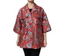Women's Red Floral Jacquard Button Down Coat Jacket Clothing