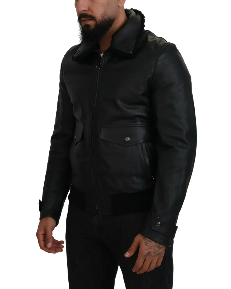 Dolce & Gabbana Black Lamb Leather Collared Men Coat Jacket Clothing Black