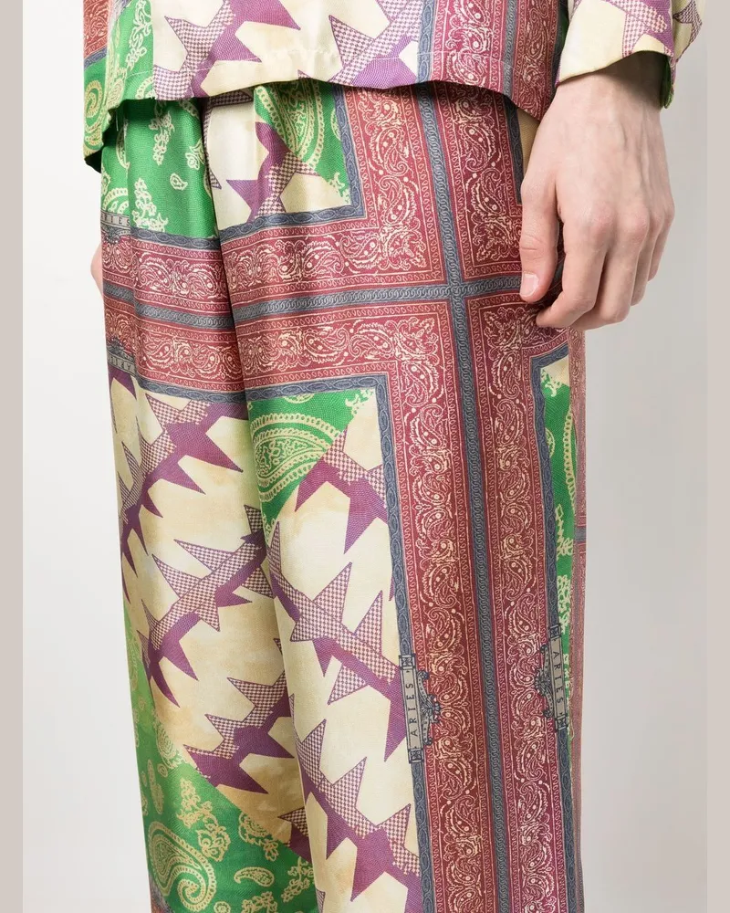 Aries Paisley-Print Silk Trousers — Green Green