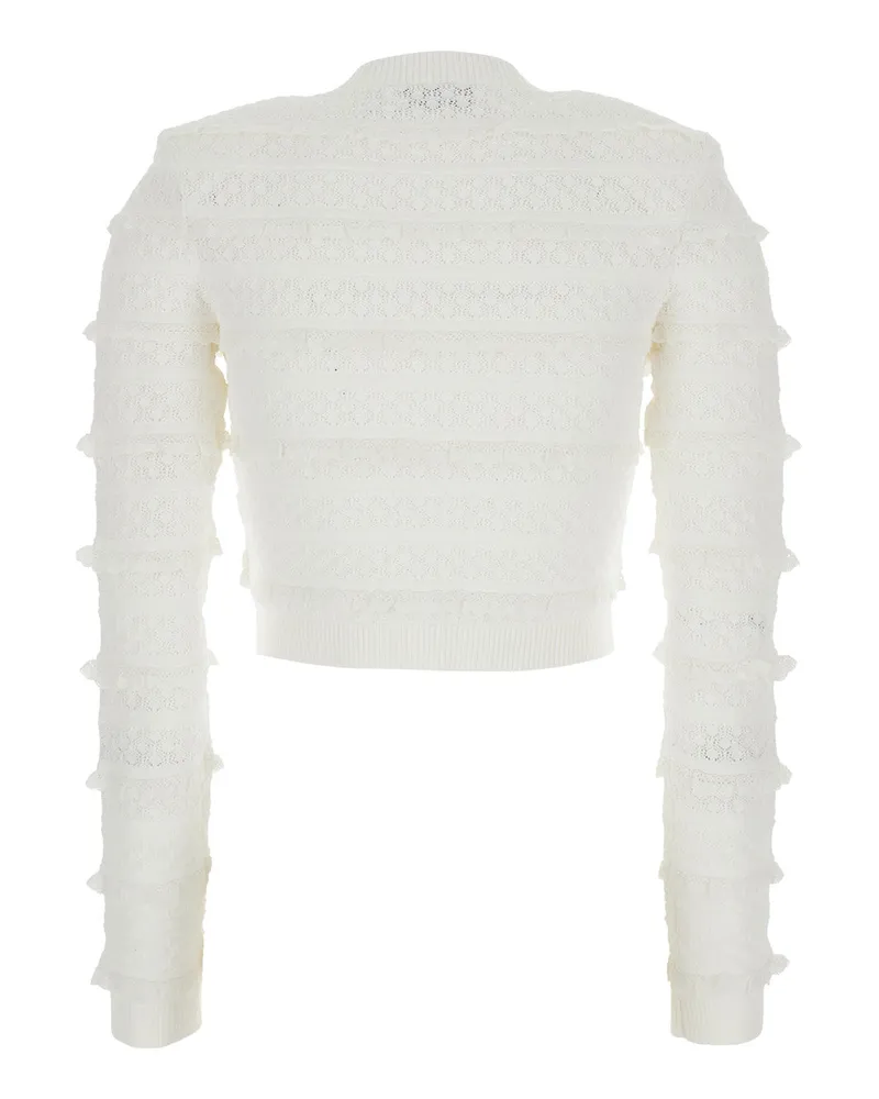Self-Portrait Women's Cardigan White Pointelle Diamante Knit Tops Top White