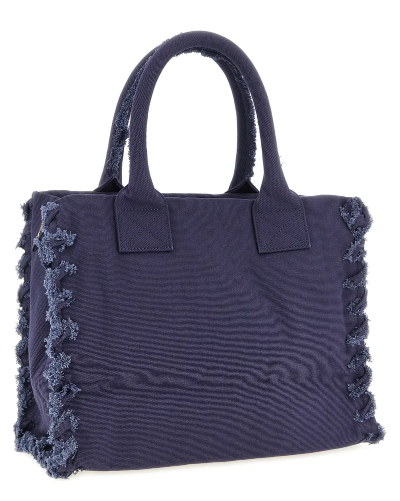 Pinko Cotton Canvas with Frayed Edges Shoulder Bag — Navy Navy