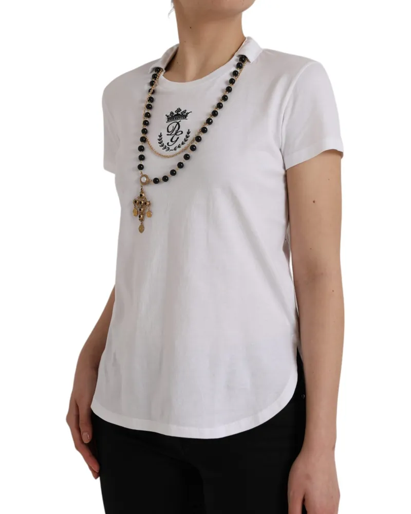 Dolce & Gabbana Women's White Cotton Necklace Short Sleeves T-Shirt White