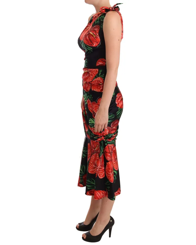 Dolce & Gabbana Women Black Shiny Silk Floral Print Draped Dress Elastane Black