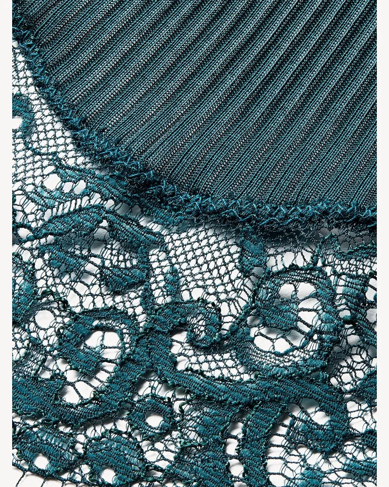 Saint Laurent Silk Ribbed with Lace Trim T-Shirt — Green Green