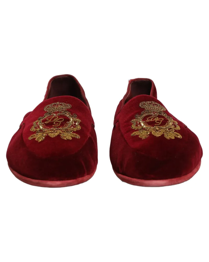 Dolce & Gabbana Men's Maroon Velvet Crown Embroidery Loafers Shoes Leather Maroon
