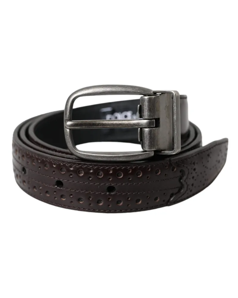 Dolce & Gabbana Dark Brown Perforated Leather Metal Buckle Belt Men Brown
