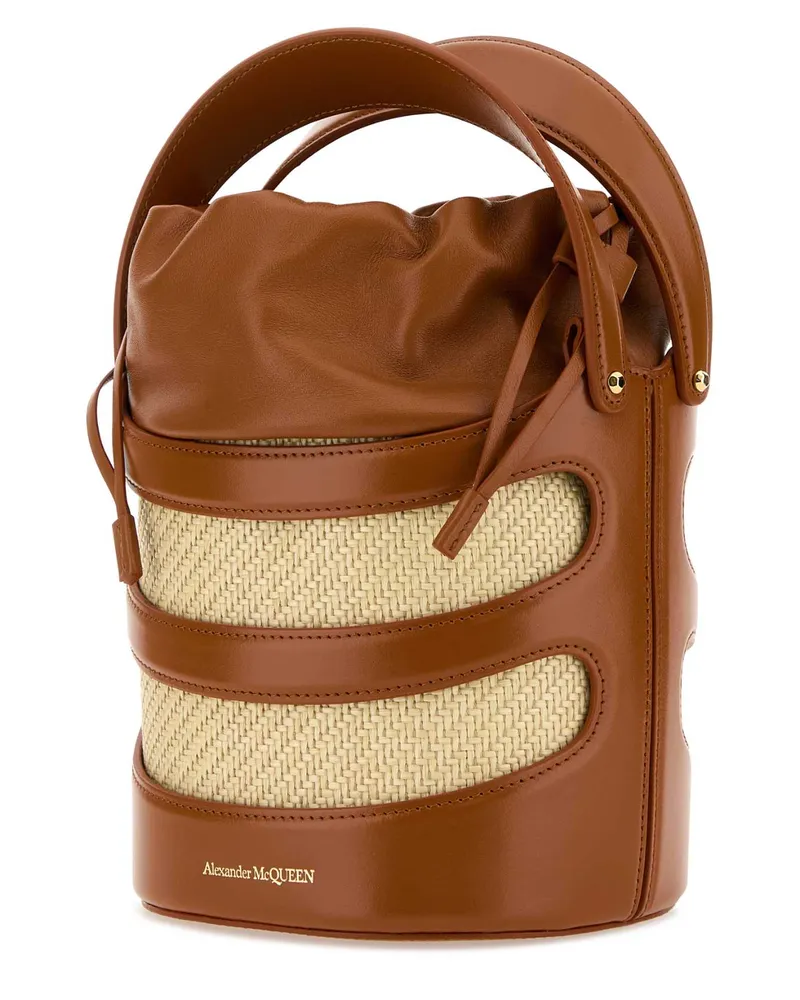Alexander McQueen Women's Two-Tone Leather And Raffia The Rise Bucket Bag Tannatural Borse A Secchiello Tan