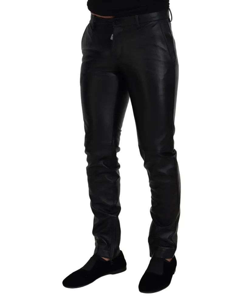 Dolce & Gabbana Men Black Shiny Stretch Skinny Pants Agnello Black
