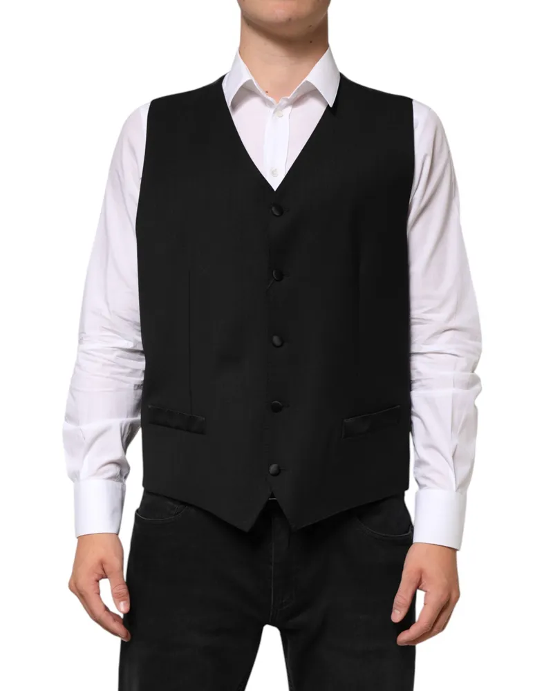 Dolce & Gabbana Black Wool Dress Formal Men Waistcoat Vest Silk Elastane Black
