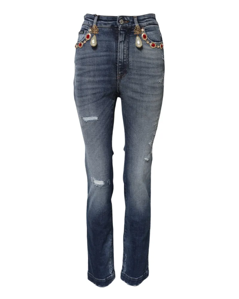Dolce & Gabbana Women's Blue Rhinestone Embellished Denim Jeans Cotton Elastane Clothing Blue