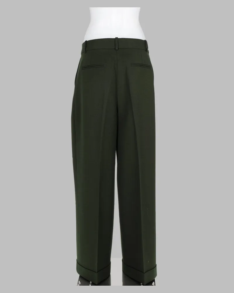Ganni Wide-Leg Wool Twill Trousers — Green Green