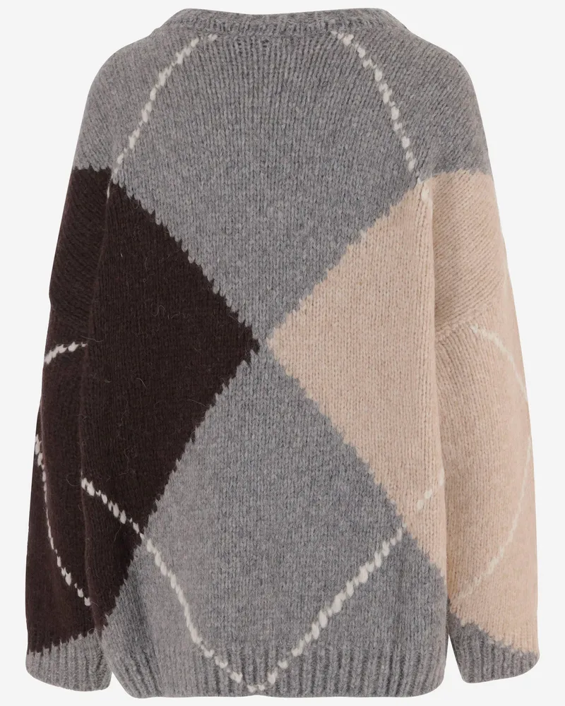 Bruno Manetti Women's Sweater Wool-Blend Argyle Multicolour Alpaca Gray