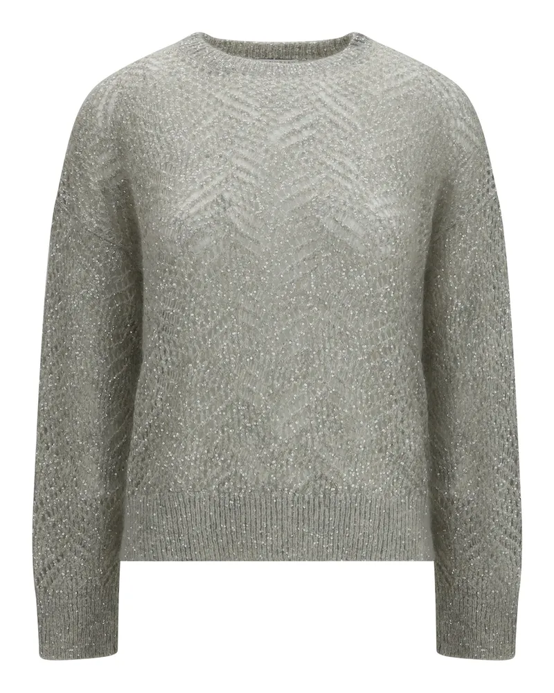 Brunello Cucinelli Openwork Sequin-Embellished Linen Sweater — Gray Gray