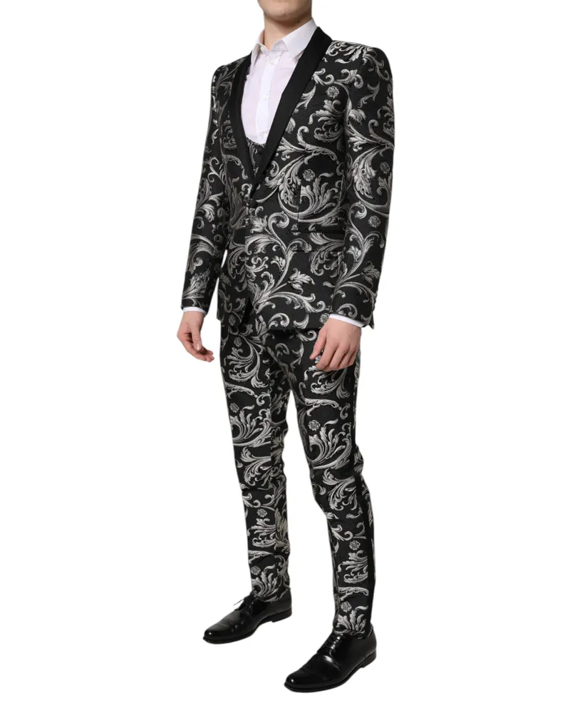 Dolce & Gabbana Black Gray Martini Jacquard Men 3 Piece Suit And Polyester Silk Black