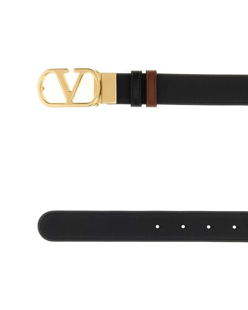 Valentino Garavani Gold VD Logo-Buckle Leather Belt — Black Black