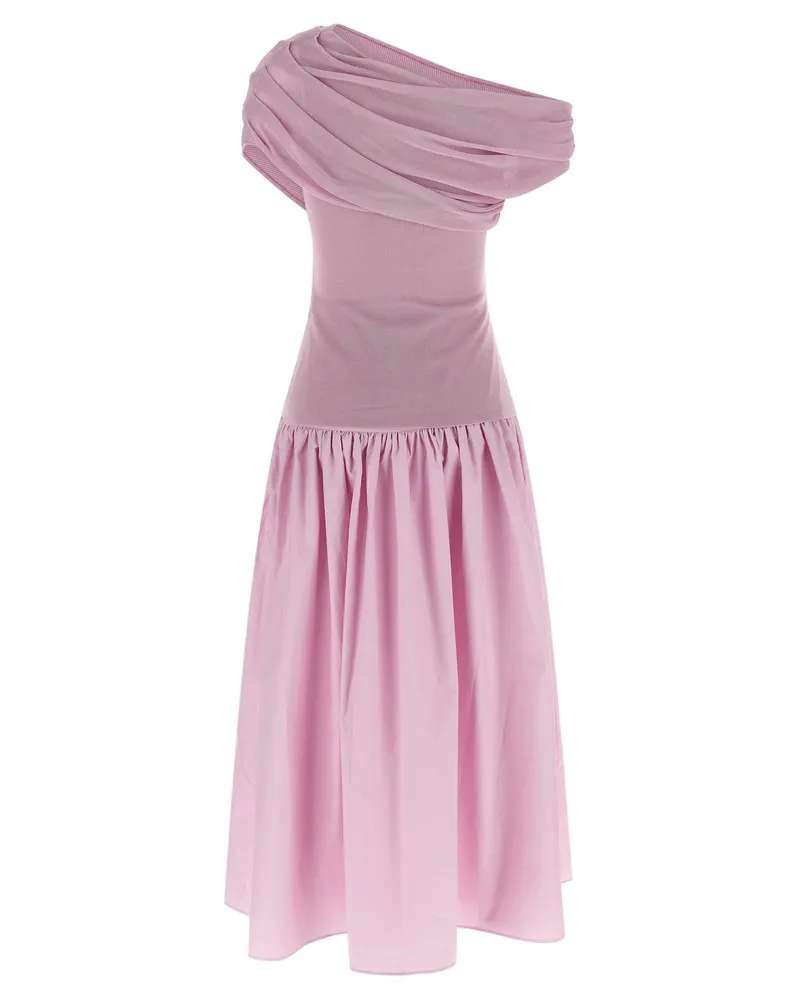 Self-Portrait Off-Shoulder Draped Cotton Knit Dress — Pink Pink