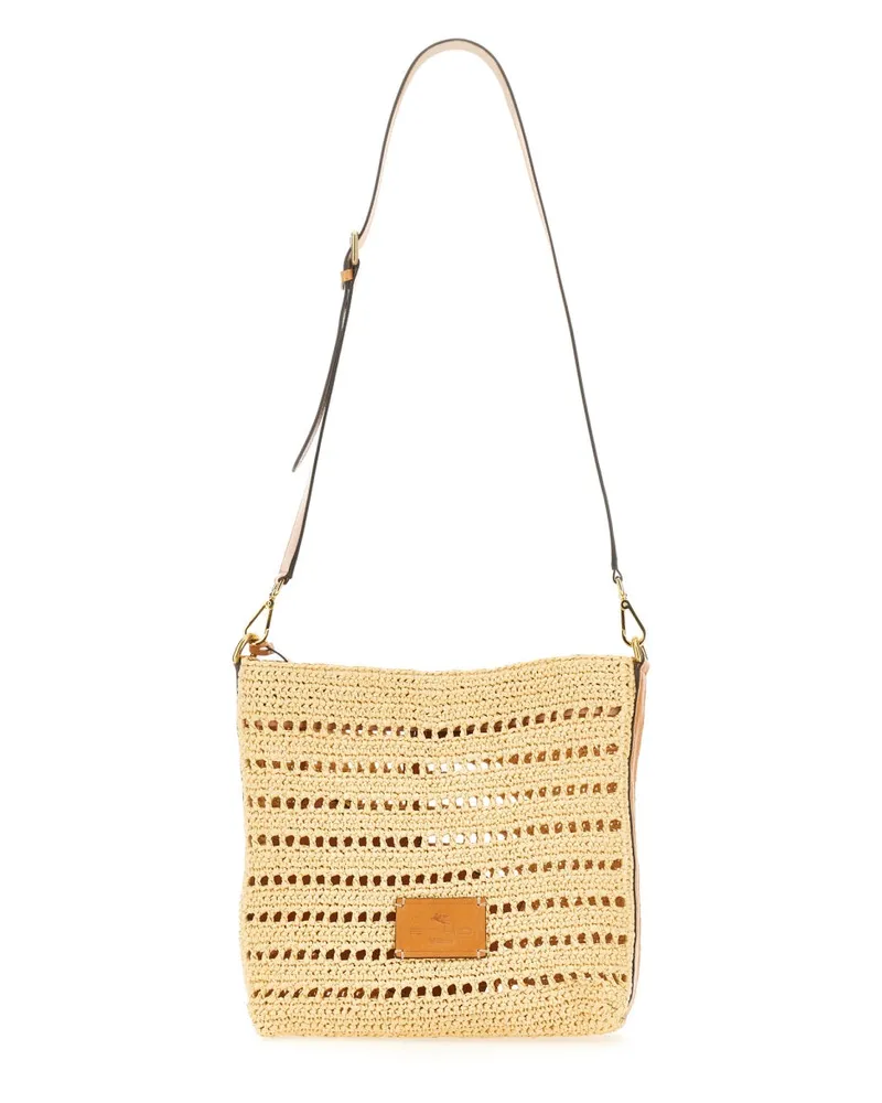 Etro Men's Perforated Raffia Shoulder Bag Beige Cotton Beige