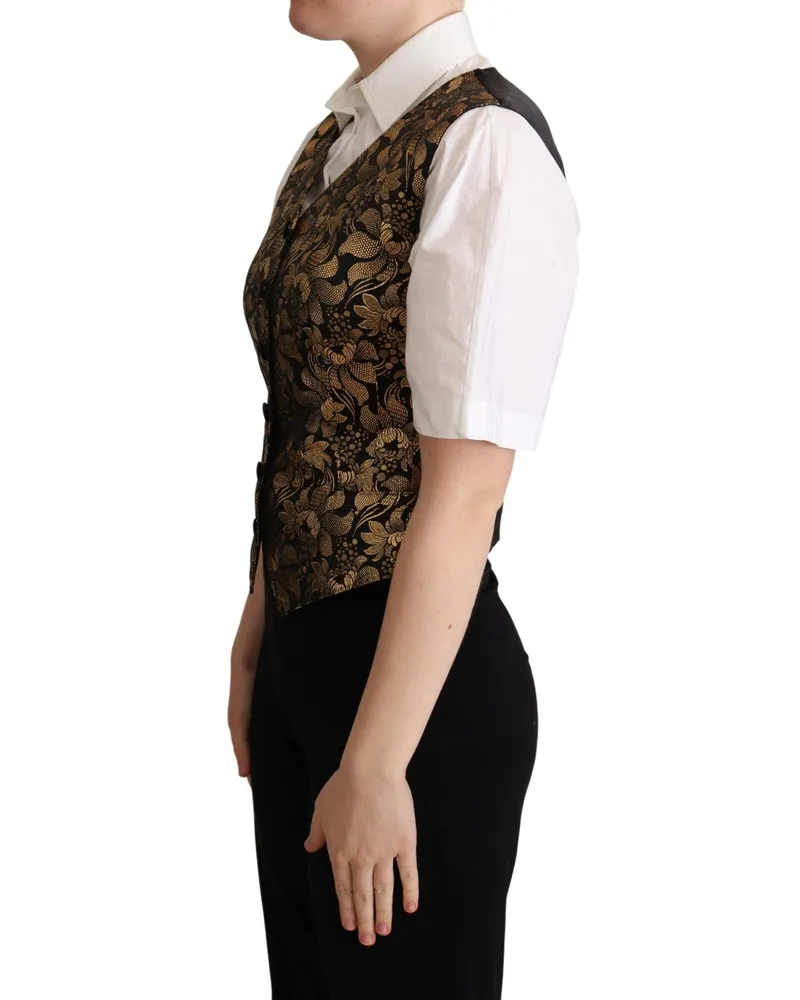 Dolce & Gabbana Women's Black Gold Jacquard Silk Waistcoat Vest Clothing Black