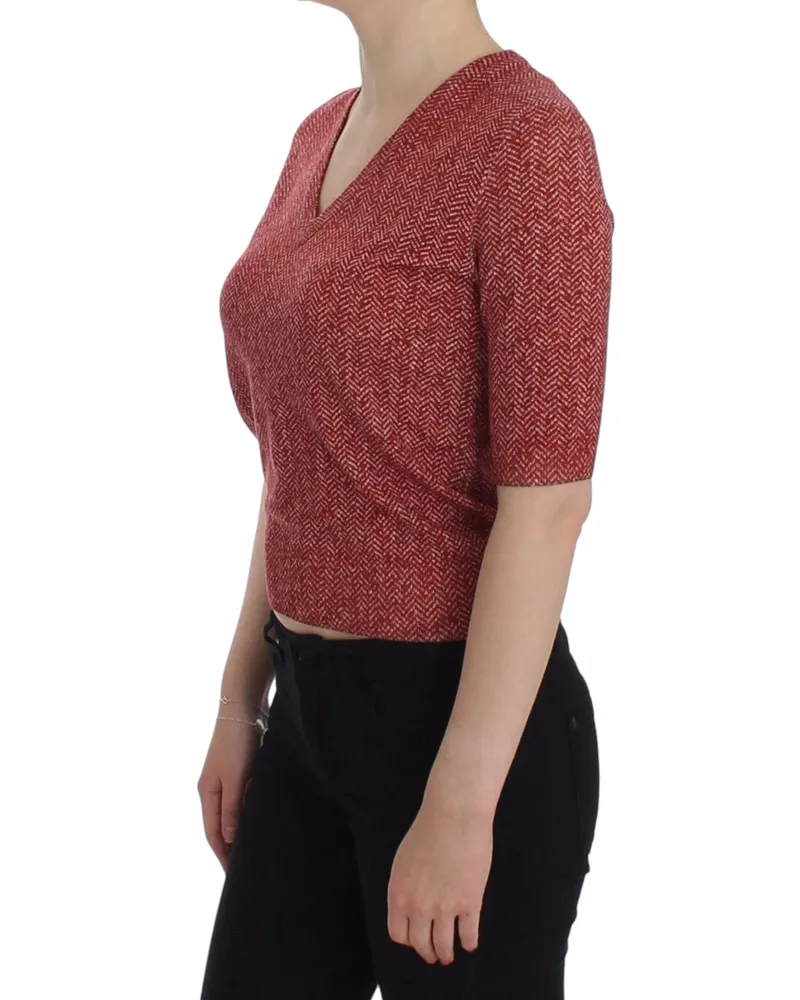 Dolce & Gabbana Women's Red Wool Tweed Short Sleeve Sweater Pullover Red
