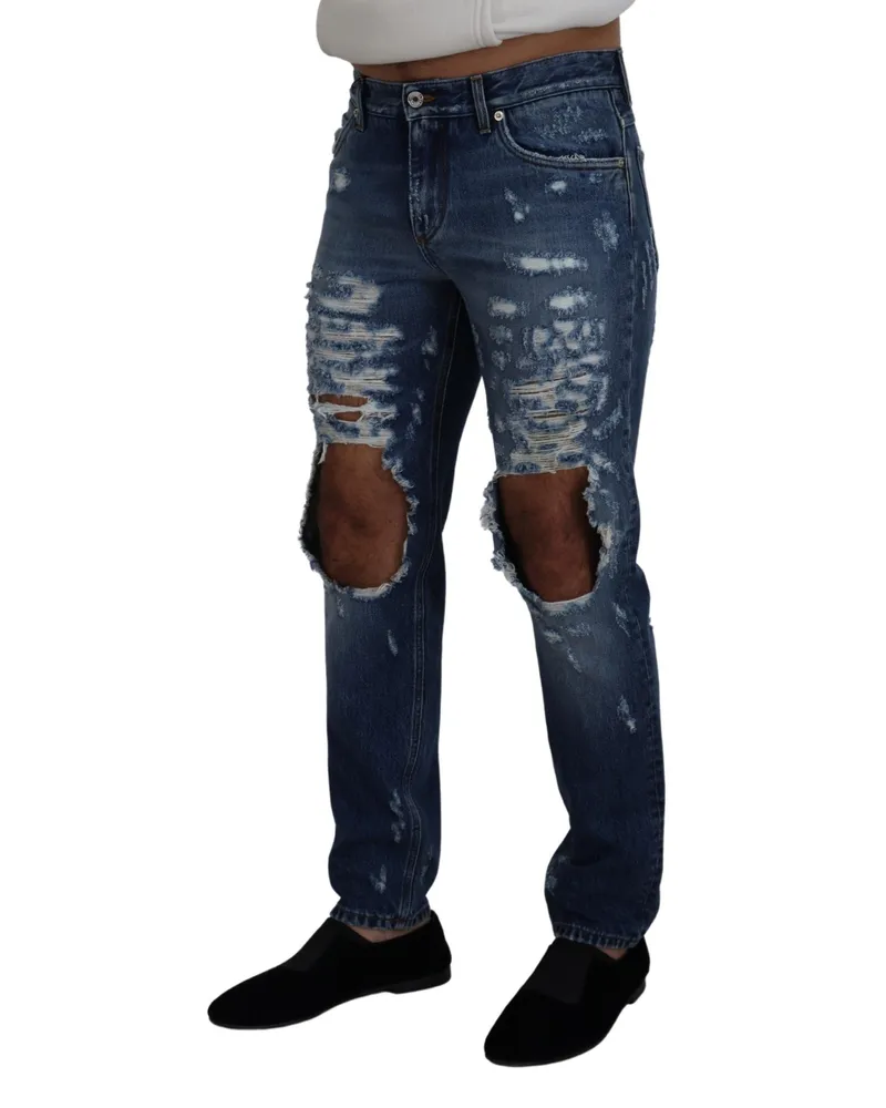 Dolce & Gabbana Blue Cotton Tattered Men Denim Jeans Elastane Clothing Blue