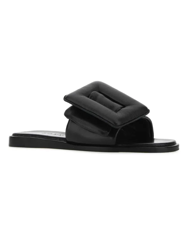 BOYY Women's Black Leather Puffy Slippers Flat Shoes Black