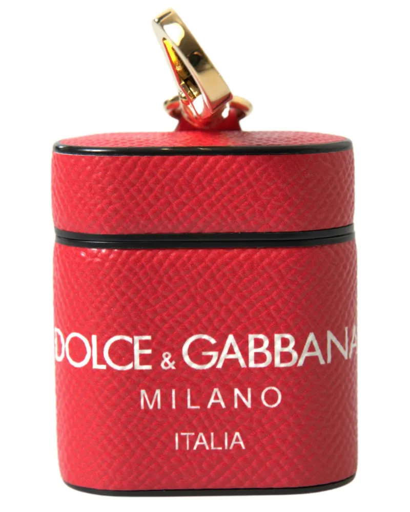 Dolce & Gabbana Women's Red Leather Gold Tone Metal Logo Print Airpods Case Accessory Red