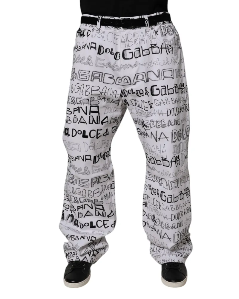 Dolce & Gabbana White Logo Print Straight Men Denim Jeans Cotton Elastane Clothing White