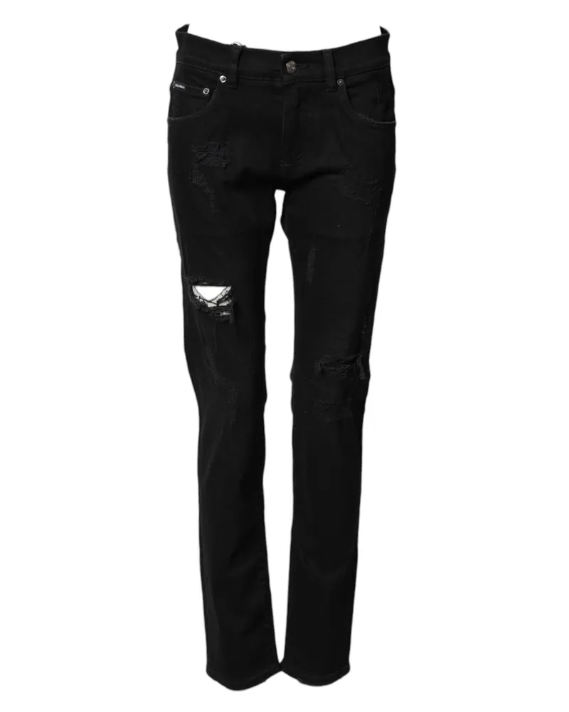 Dolce & Gabbana Black Tattered Cotton Men Skinny Denim Jeans Co+02 Clothing Black