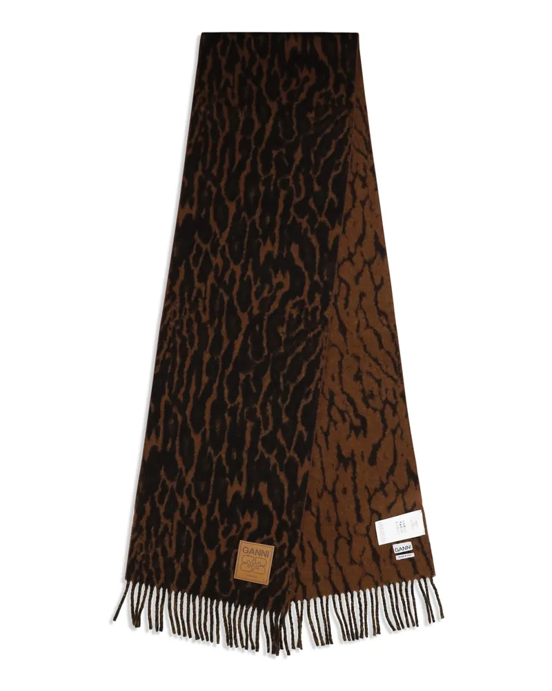 Ganni Leopard Print Wool Scarf — Brown Brown