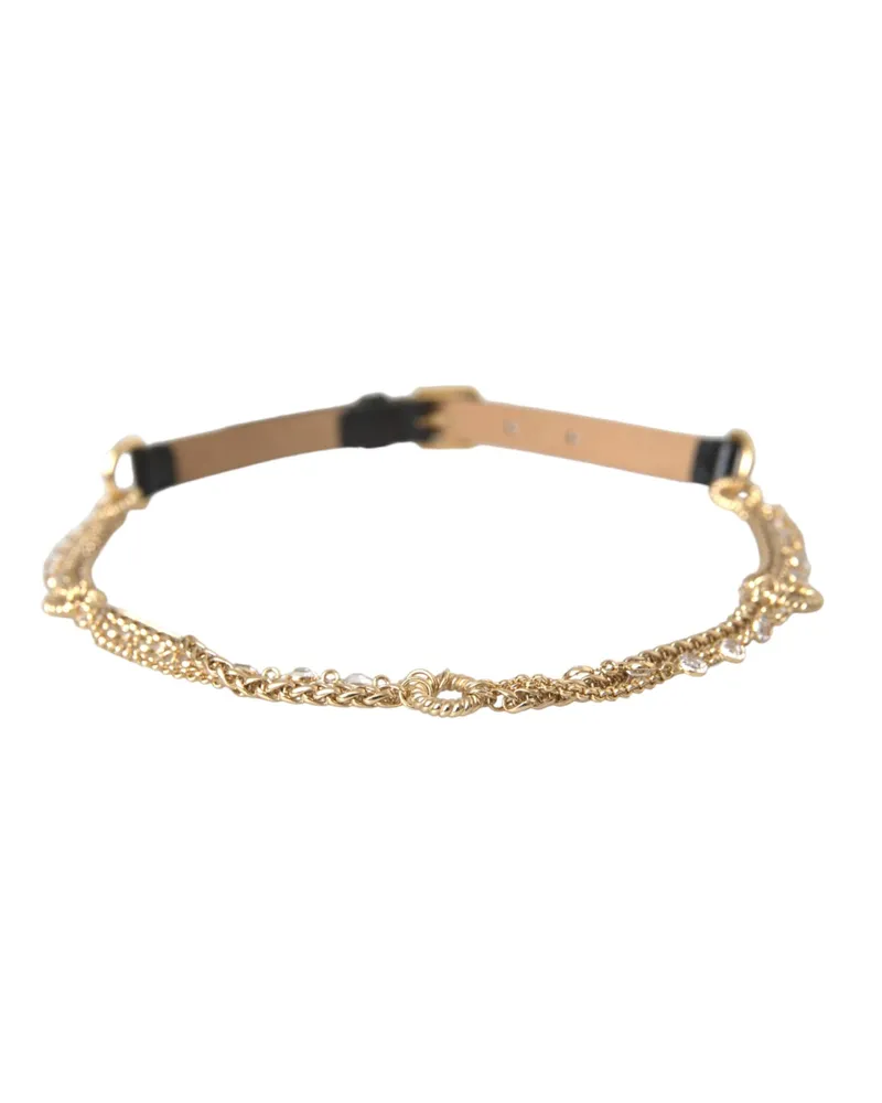 Dolce & Gabbana Black Leather Gold Chain Crystal Waist Women Belt Black
