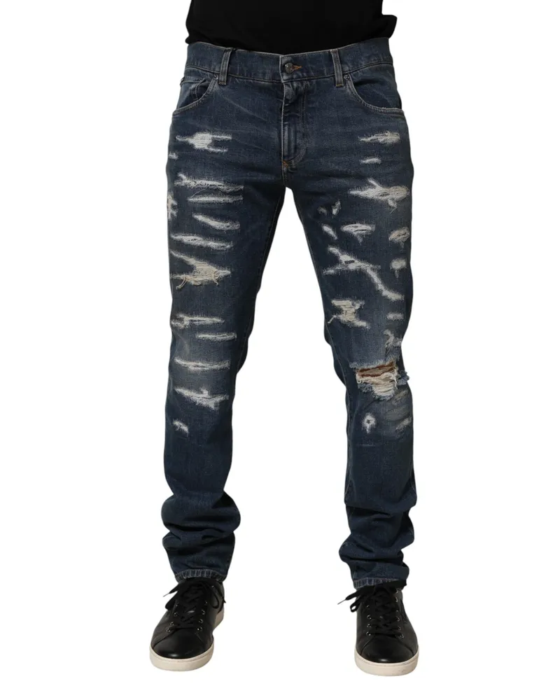 Dolce & Gabbana Blue Tattered Cotton Skinny Men Denim Jeans Co+02 Clothing Blue
