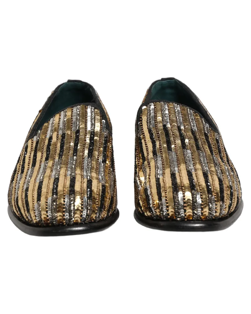 Dolce & Gabbana Men's Gold Striped Sequin Embellished Loafer Shoes Leather Gold
