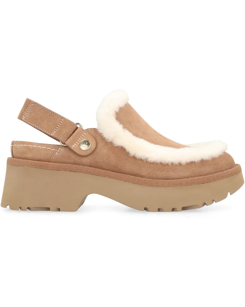 UGG Women's Esmee Suede Slippers With Lambskin Detail Brown Wool Flat Shoes Brown