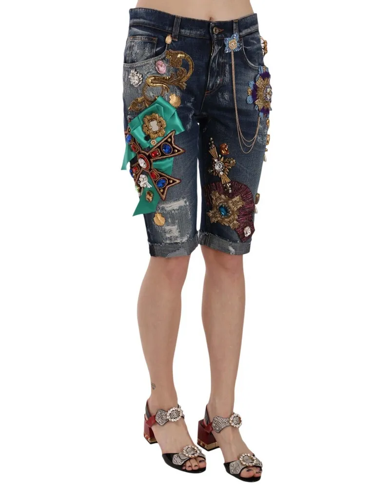 Dolce & Gabbana Women's Blue Denim Mid Waist Crystal Capri Shorts Cotton Blue