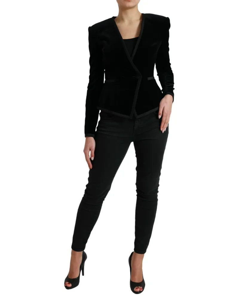 Dolce & Gabbana Women Black Velvet Cotton Double Breasted Jacket Silk Elastane Clothing Black