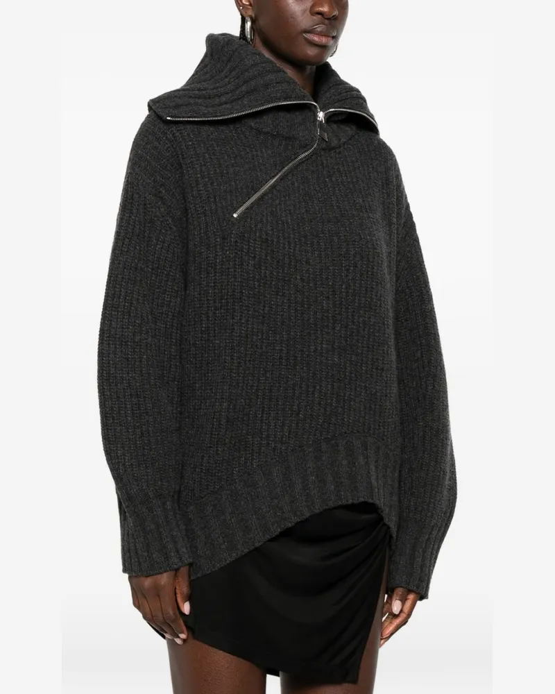 ATTICO Asymmetric Zip Ribbed Sweater — Charcoal Grey