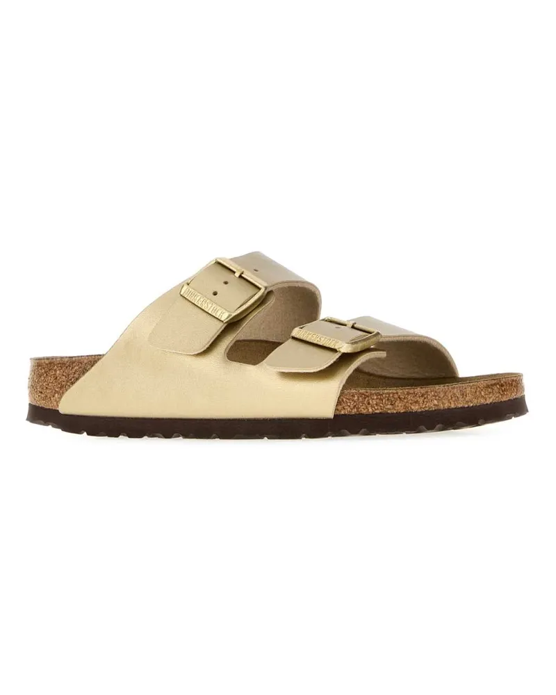 Birkenstock Women's Gold Leather Arizona Slippers Gold, Birko Flor Flat Shoes Gold