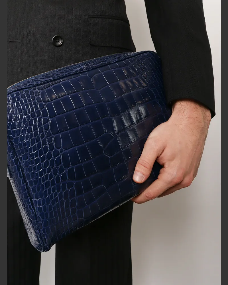 Tom Ford Men's Crocodile Print Leather Laptop Pouch Blue Clutch Bags Blue
