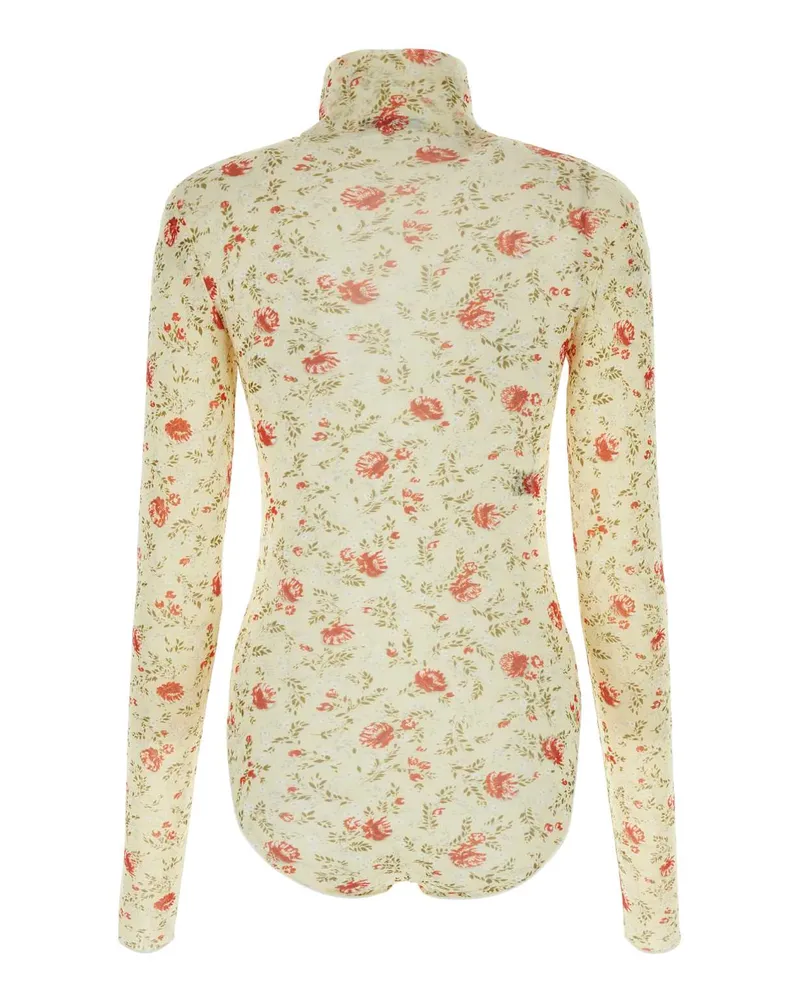 Prada Women's Printed Nylon Bodysuit Rosso Maglie Sweater Beige