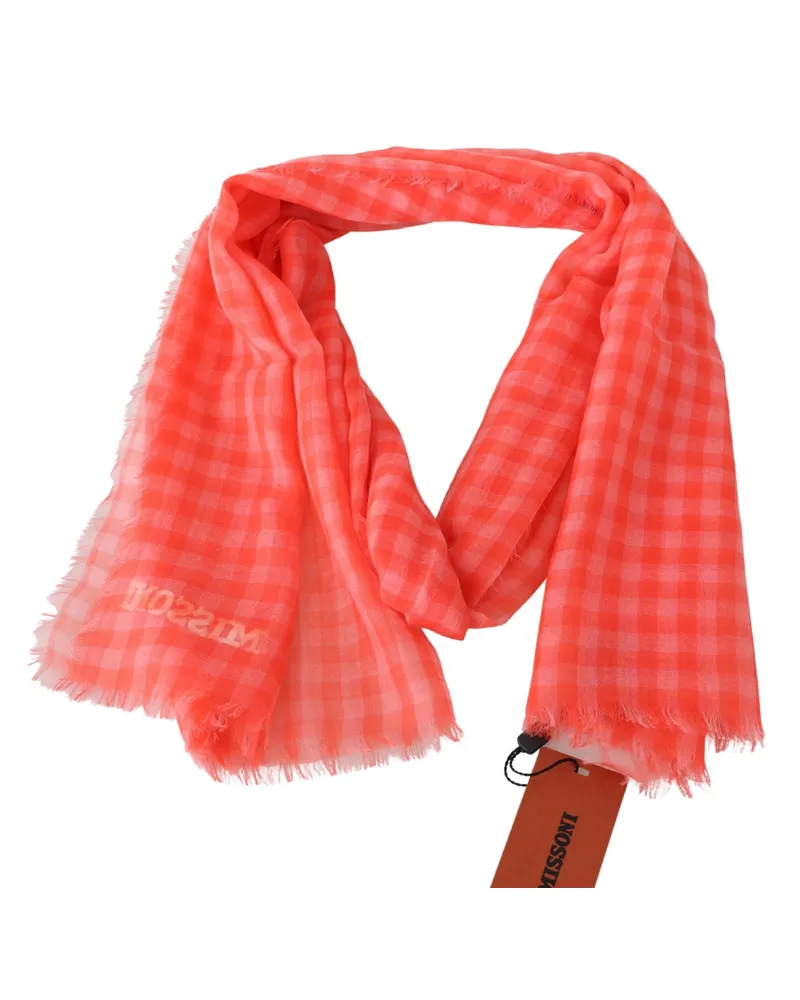Missoni Men's Orange Check Cashmere Unisex Wrap Fringes Scarf Orange